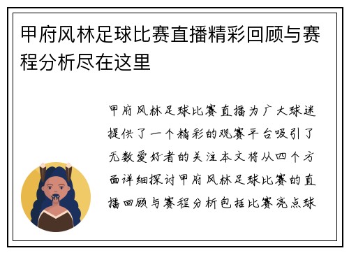 甲府风林足球比赛直播精彩回顾与赛程分析尽在这里