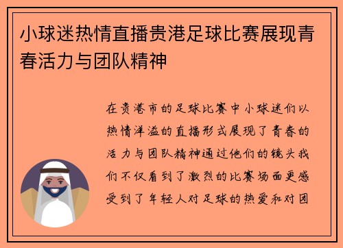 小球迷热情直播贵港足球比赛展现青春活力与团队精神